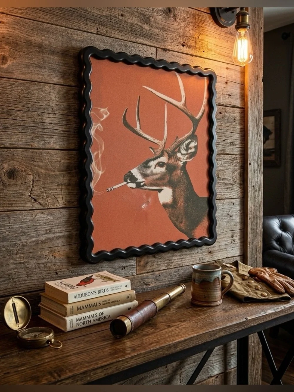 Buck Smoking a Cigarette Deer Vintage Style Canvas Art Print Wavy Black Frame